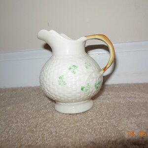 VINTAGE Ireland Irish Belleek Basketweave Creamer Gold Mark shamrocks EXCELLENT